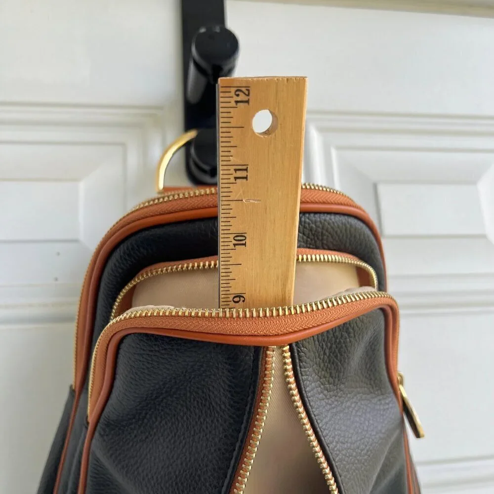 Valentina Italy Genuine Pebble Leather Convertible Backpack - Black/Tan
